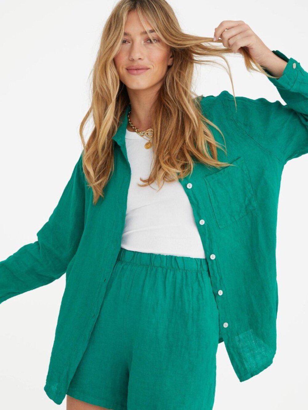 Marché The Playa Linen Shirt Emerald Green One Size OS 100% Linen
